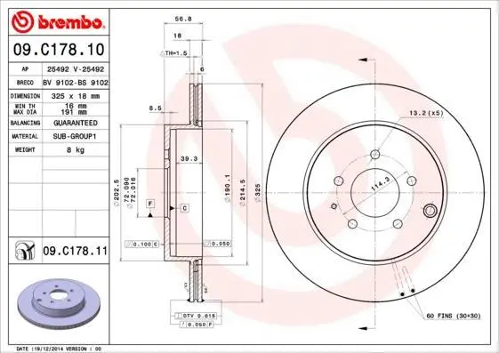Гальмівний диск зад. Mazda CX7/CX9 06- (325х18) BREMBO 09.C178.11 (фото 1)
