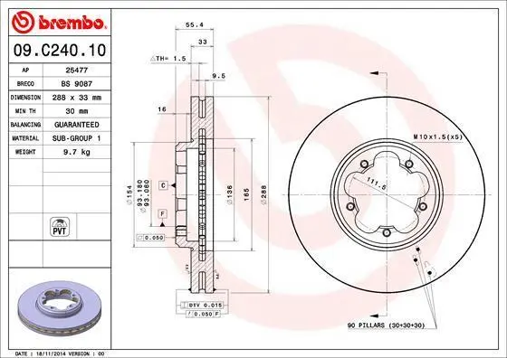 Гальмівний диск пер. FORD Tourneo Custom V362 15-,Transit V363 13- (288*33) BREMBO 09.C240.10 (фото 1)