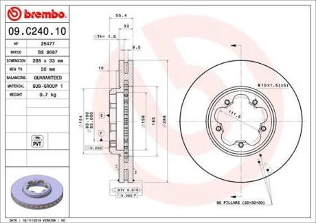 Гальмівний диск пер. FORD Tourneo Custom V362 15-,Transit V363 13- (288*33) BREMBO 09.C240.10