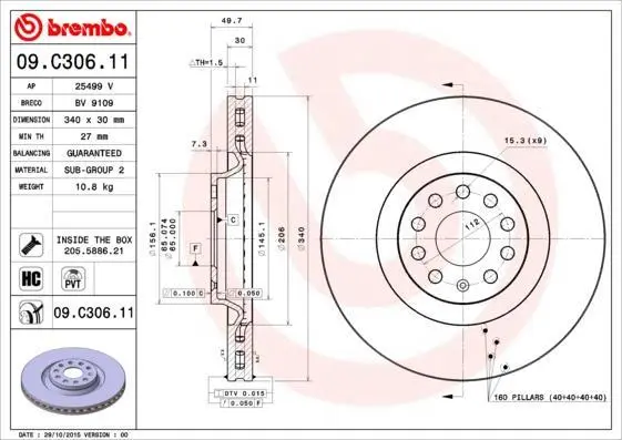Гальмівний диск перед. Audi A3/Skoda Octavia III/VW Golf VII 13- (340x30) BREMBO 09.C306.11 (фото 1)