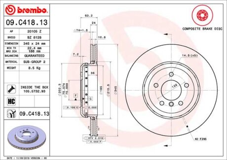 Фото гальмівний диск BREMBO 09.C418.13 ГАЛЬМІВНИЙ ДИСК BREMBO 09.C418.13