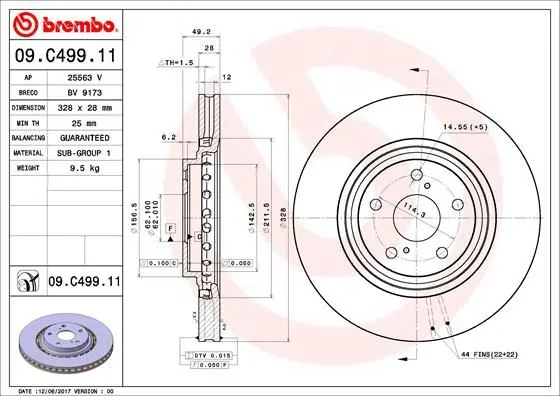 Гальмівний диск пер. RX III/Rav 4 IV 09- BREMBO 09.C499.11 (фото 1)