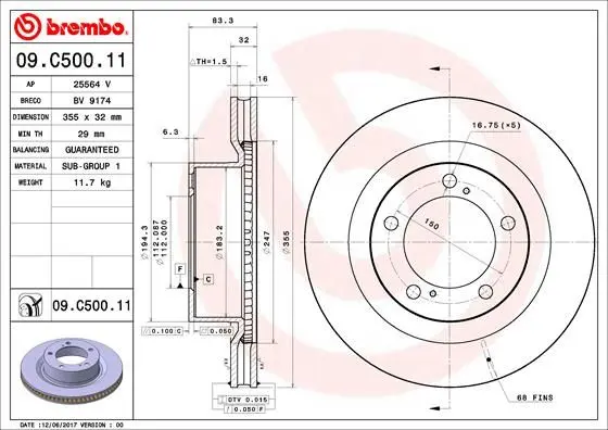 Гальмівний диск пер. Land Cruiser 200/Tundra 07- (355x32) (5-отв.) BREMBO 09.C500.11 (фото 1)