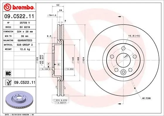 Гальмівний диск пер. Volvo XC60 08-17 (324х28) BREMBO 09.C522.11 (фото 1)