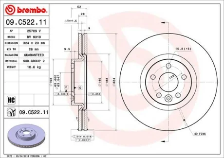 Гальмівний диск пер. Volvo XC60 08-17 (324х28) BREMBO 09.C522.11