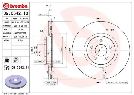Гальмівний диск пер. Focus/Grand Tourneo Connect/Kuga/Tourneo/Transit/V40 (05-22) BREMBO 09.C542.11 (фото 1)