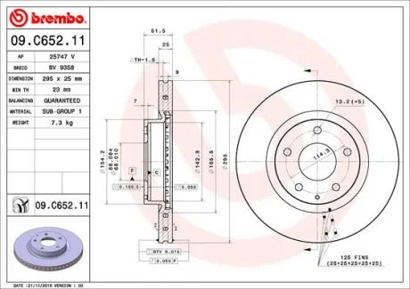Гальмівний диск пер. MAZDA 3 13-19 (295x25) (5-отв.) BREMBO 09.C652.11