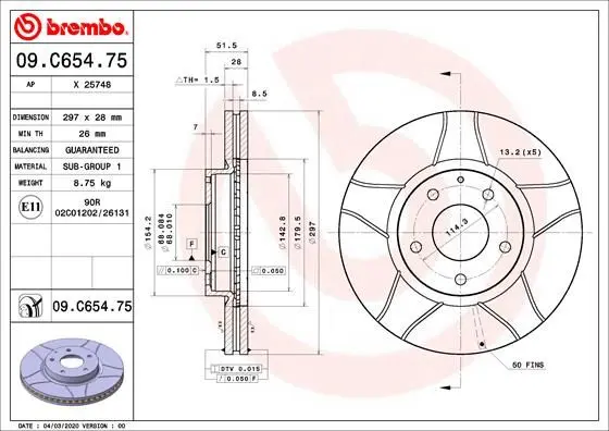 Гальмівний диск пер. CX-5 11-/Mazda 612- (297x52mm)(1шт/уп) BREMBO 09.C654.75 (фото 1)