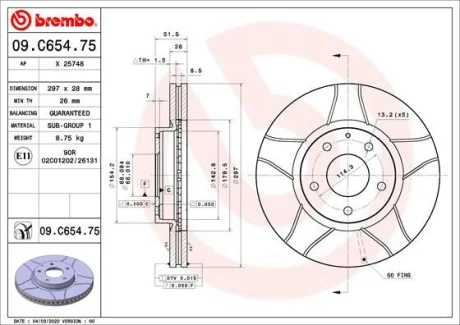 Гальмівний диск пер. CX-5 11-/Mazda 612- (297x52mm)(1шт/уп) BREMBO 09.C654.75