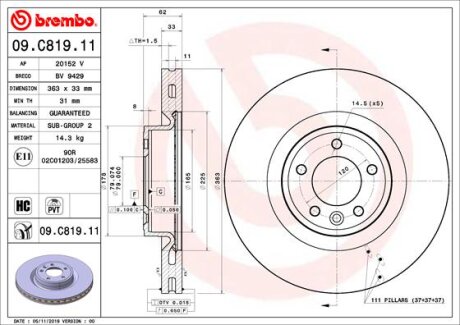 Фото гальмівний диск BREMBO 09.C819.11 ГАЛЬМІВНИЙ ДИСК BREMBO 09.C819.11