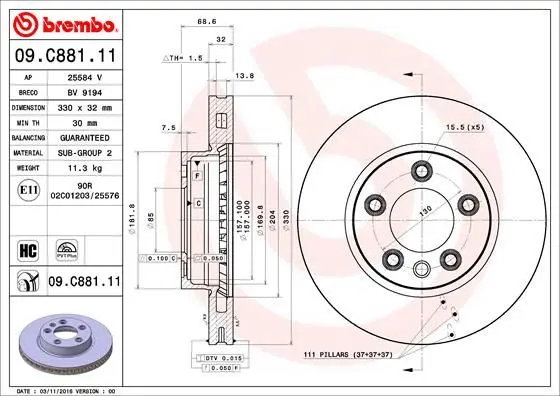Гальмівний диск пер. Touareg/Cayenne 02-18 (330х32) BREMBO 09.C881.11 (фото 1)
