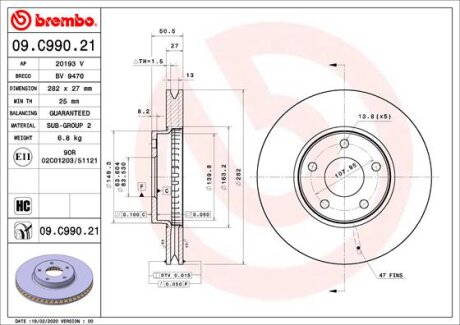 Фото гальмівний диск BREMBO 09.C990.21 ГАЛЬМІВНИЙ ДИСК BREMBO 09.C990.21