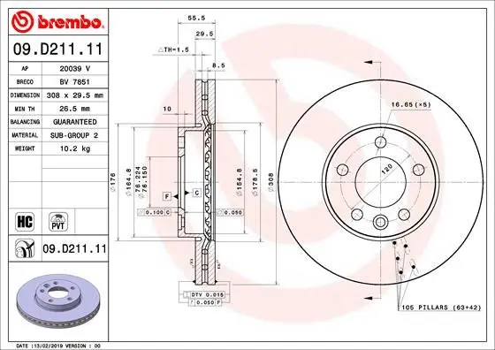 Гальмівний диск пер. T5/T6 03-/Touareg 02- (308x56mm)(1шт/уп) BREMBO 09.D211.11 (фото 1)