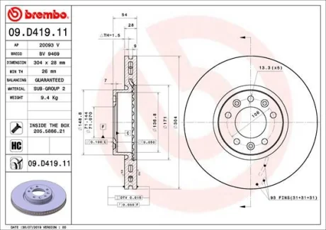 Гальмівний диск пер. Jumpy 16-/Spacetourer 16- / Vivaro 19-/Traveller bus (304х28) BREMBO 09.D419.11