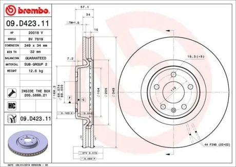Гальмівний диск пер. Audi A4/Q7 15-/Touareg/A6 18- (349x34) BREMBO 09.D423.11