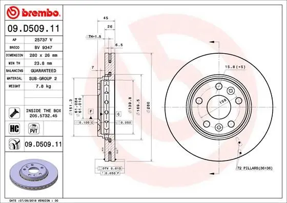 Гальмівний диск пер. W415 / Kangoo 08- (280х26) BREMBO 09.D509.11 (фото 1)