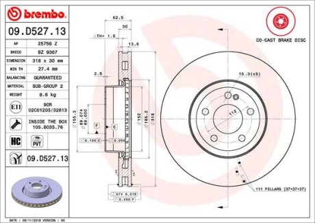 Фото гальмівний диск BREMBO 09.D527.13 ГАЛЬМІВНИЙ ДИСК BREMBO 09.D527.13