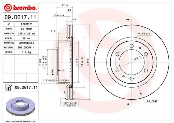 Гальмівний диск пер. Toyota Hilux 15- BREMBO 09.D617.11 (фото 1)