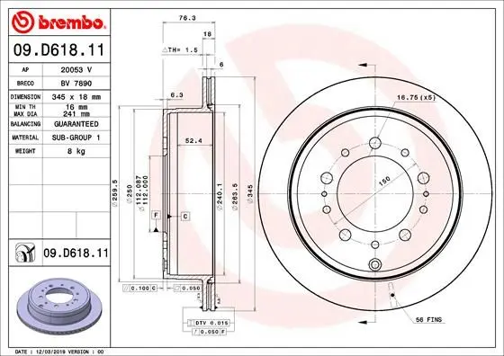 Гальмівний диск зад. LAND CRUISER 200 07- BREMBO 09.D618.11 (фото 1)