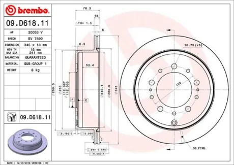 Гальмівний диск зад. LAND CRUISER 200 07- BREMBO 09.D618.11