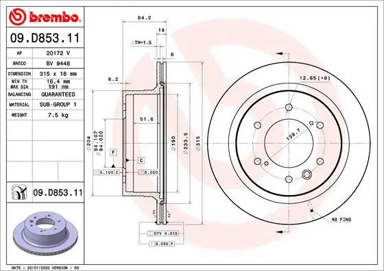 Гальмівний диск зад. Pajero sport III 15- (315х18) BREMBO 09.D853.11 (фото 1)