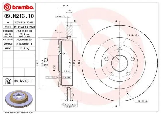 Гальмівний диск зад. Chrysler Voyager 07- / Dodge Journey 08- / Jeep Grand Cherokee 04-11 (350х28) BREMBO 09.N213.11 (фото 1)