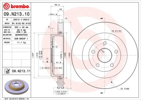 Фото гальмівний диск зад. Chrysler Voyager 07- / Dodge Journey 08- / Jeep Grand Cherokee 04-11 (350х28) BREMBO 09.N213.11 Гальмівний диск зад. Chrysler Voyager 07- / Dodge Journey 08- / Jeep Grand Cherokee 04-11 (350х28) BREMBO 09.N213.11
