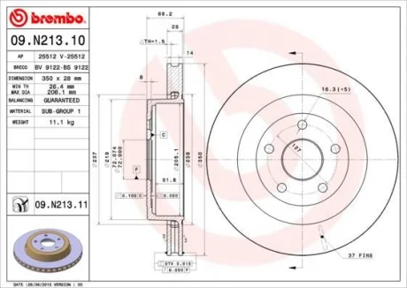 Гальмівний диск зад. Chrysler Voyager 07- / Dodge Journey 08- / Jeep Grand Cherokee 04-11 (350х28) BREMBO 09.N213.11