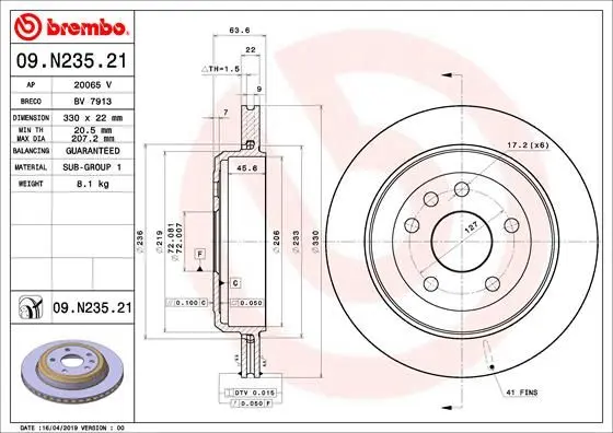 Гальмівний диск зад. Jeep Grand Jerokee 10- BREMBO 09.N235.21 (фото 1)