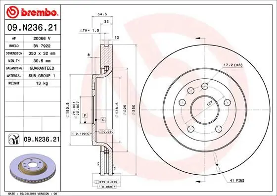 Гальмівний диск пер. Jeep Grand Cherokee 10- BREMBO 09.N236.21 (фото 1)