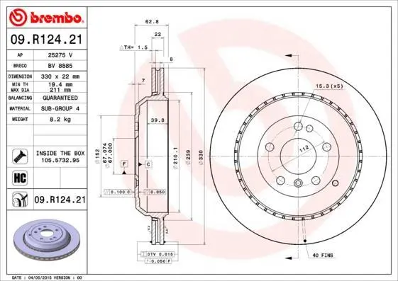Гальмівний диск зад. MB M-CLASS W164 05-12 BREMBO 09.R124.21 (фото 1)