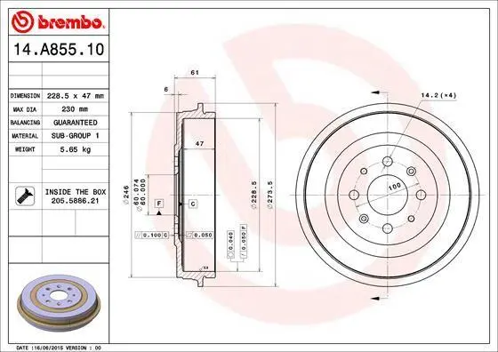 Гальмівний барабан Punto 09-/Corsa 06- (228,5x47mm) BREMBO 14.A855.10 (фото 1)