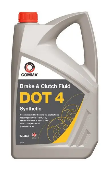 Гальмівна рідина DOT4 (5L) [сухість: 270°C, вологість: 160°C, в\'язкість: 1350мм²/с] SAE J1703, ISO/DIN 4925 COMMA DOT 4 SYNT. 5L (фото 1)