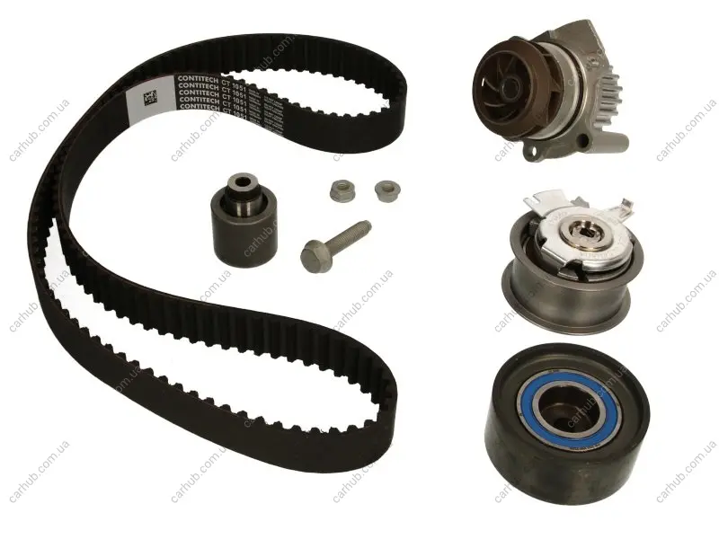 Комплект ГРМ (ремінь + ролик + водяний насос) AUDI A3, A4 B7, A6 C6 CHRYSLER SEBRING DODGE AVENGER, CALIBER, JOURNEY JEEP COMPASS, PATRIOT MITSUBISHI GRANDIS, LANCER VIII 2.0D 02.03- Contitech CT1051WP1 (фото 1)
