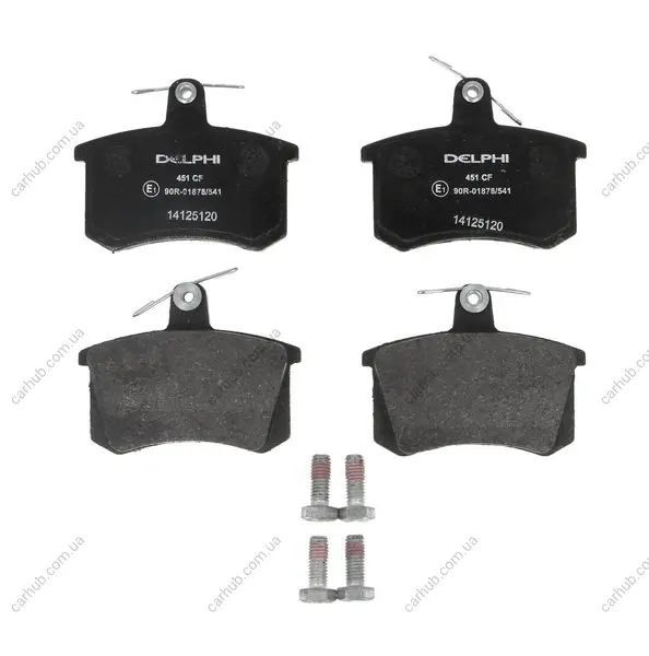 Комплект гальмівних колодок задн, ALFA ROMEO 145, 146, 155, 164, 33, GTV, SPIDER AUDI 100 C2, 100 C3, 100 C4, 200 C2, 200 C3, 80 B2, 80 B3, 80 B4, 90 B2, 90 B3, A4 B5, A6 C4 1.3-4.2 08.75- Delphi LP0451 (фото 1)