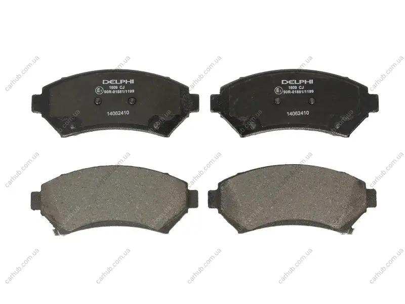 Комплект гальмівних колодок передн, BUICK PARK AVENUE, REGAL, RIVIERA CADILLAC DEVILLE, ELDORADO, SEVILLE CHEVROLET IMPALA, TRANS SPORT OPEL SINTRA PONTIAC BONNEVILLE 2.2-4.6 09.91-12.05 Delphi LP1609 (фото 1)