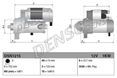 Стартер (12В, 1кВт, новий із заставою) TOYOTA IQ 1.0 01.09-12.15 DENSO DSN1215
