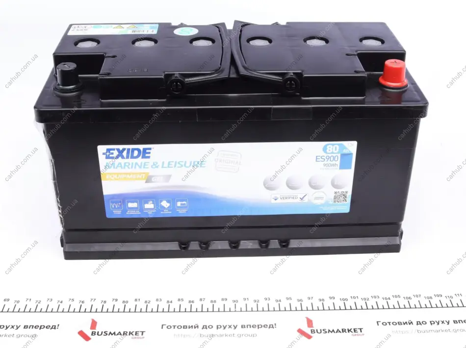 Акумулятор 12В 80Агод./540А EQUIPMENT GEL MARINE/RV (R+ стандартні клеми) 350x175x190 B00 - без монтажного фланця (гель) EXIDE ES900 (фото 1)