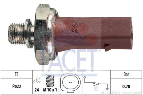 Датчик тиску оливи (0,7bar/1 конт./коричневий) VW T4/Golf IV 1.2-2.5 TDI 92-10 FACET 7.0132