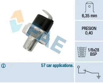 Датчик тиску масла (0,4Бар, 1 pin, чорн) HYUNDAI SONATA II, SONATA III MITSUBISHI CARISMA, COLT IV, COLT V, ECLIPSE II, GALANT VII, GALANT VIII, L200, L200 / TRITON, LANCER IV 1.6-3.5 01.91-12.15 FAE 11730