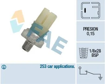 Датчик тиску масла (0,15Бар, 1 pin, білий) FORD MAVERICK INFINITI G20, J30, M30, Q45 I NISSAN 100NX, 200SX, ALMERA I, ALMERA II, ALMERA TINO, BLUEBIRD, MAXIMA / MAXIMA QX IV 1.0-4.5 03.82- FAE 12420