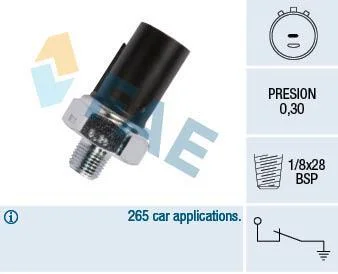 Датчик тиску масла (0,3Бар, 1 pin, чорн) HYUNDAI ACCENT II, ACCENT III, ATOS, COUPE II, ELANTRA III, GENESIS, GETZ, GRANDEUR, H-1, H-1 / STAREX, H-1 CARGO, H-1 TRAVEL, H100, I10 I 1.0-3.8 07.93- FAE 12990