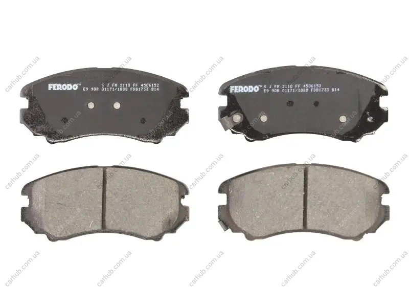 Комплект гальмівних колодок передн, HYUNDAI COUPE II, ELANTRA III, ELANTRA IV, SONATA IV, SONATA V, TIBURON, TUCSON KIA MAGENTIS I, MAGENTIS II, OPTIMA, SOUL I, SPORTAGE II 1.6-2.7 01.01-12.15 FERODO FDB1733 (фото 1)