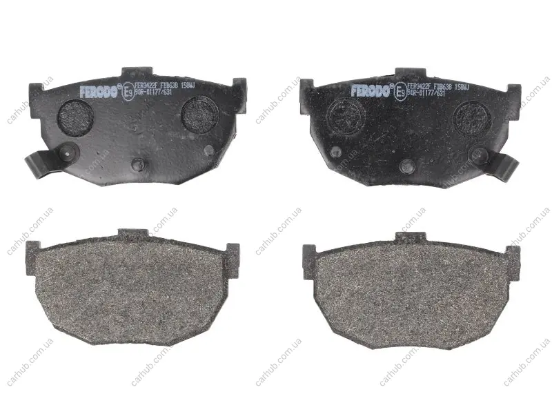 Комплект гальмівних колодок задн, HYUNDAI COUPE I, COUPE II, ELANTRA III, LANTRA I, LANTRA II, S, TIBURON KIA CERATO I, CERATO II, CERATO III, CERATO KOUP II, CERATO KOUP III 1.5-3.0 01.83- FERODO FDB638 (фото 1)