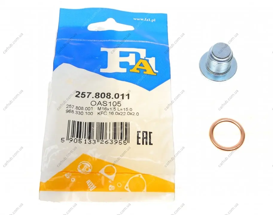 Болт зливу оливи + шайба Citroen Berlingo/Peugeot Partner 1.6 /Peugeot Boxer 2.2 HDi 09- (M16x1.5) FA1 Fischer Automotive One (FA1) 257.808.011 (фото 1)