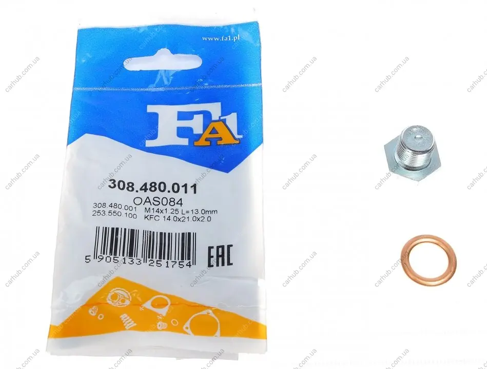 Болт зливу оливи + шайба Citroen Berlingo/Jumper/Jumpy/Peugeot Boxer/Expert/Partner 96- (M14x1.25) FA1 Fischer Automotive One (FA1) 308.480.011 (фото 1)