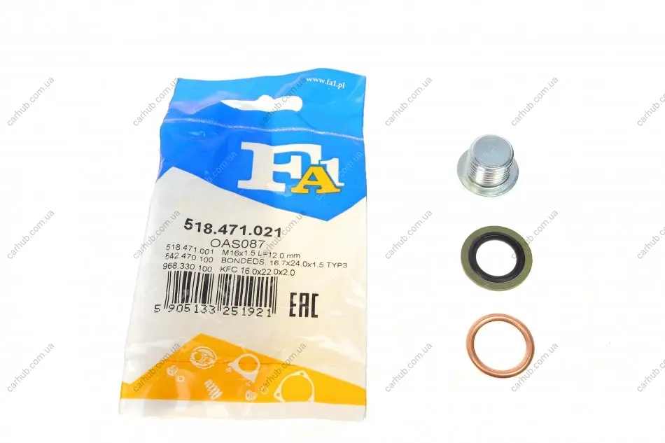 Болт зливу оливи + шайба Citroen/Dacia/Nissan/Opel/Peugeot/Renault/Volvo (M16x1.5) FA1 Fischer Automotive One (FA1) 518.471.021 (фото 1)