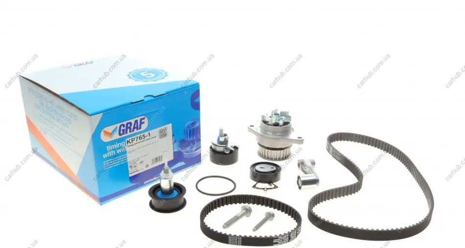 Комплект ГРМ + помпа VW Golf/Jetta/Polo/Seat Toledo/Leon 1.6 16V/FSI 00-05 (130x20 / 58x17) (PA765) GRAF KP765-1 (фото 1)