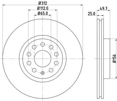 Гальмівний диск перед. Caddy III/IV/Golf/Jetta/Passat/Octavia 05- (312x25) HELLA 8DD355109-521 (фото 1)