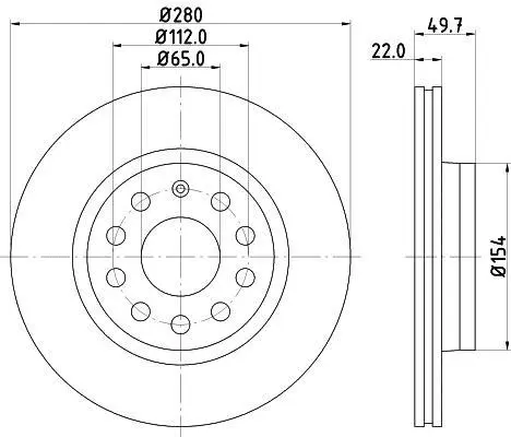 Гальмівний диск перед. Caddy III/Golf V/VI/Jetta/Octavia 04- (280x22) HELLA 8DD355109-561 (фото 1)